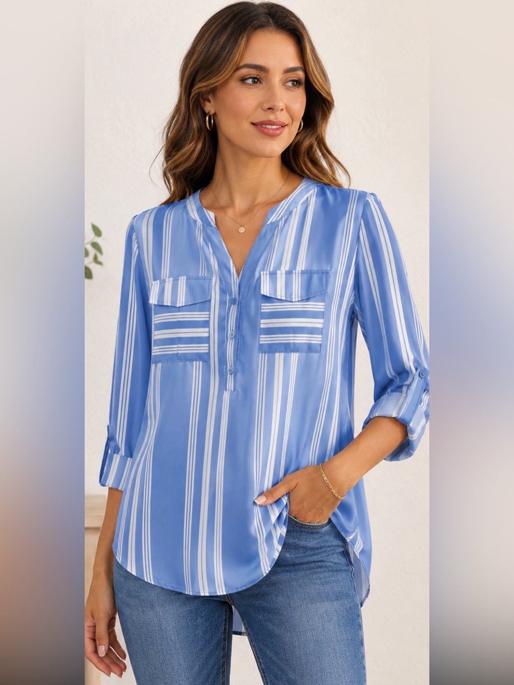 ZC&GF Brand Blue  Striped Long-Sleeve Blouse Size Large